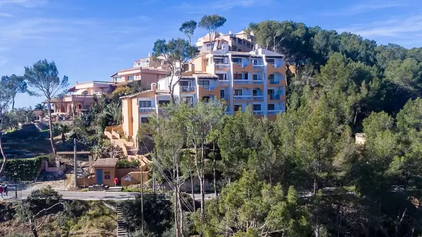 Aerial view of apartments in the street Cala Fornells in Peguera, Mallorca
