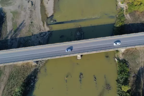Aerial view of bridge over Arges river, Romania (Flip 2019)