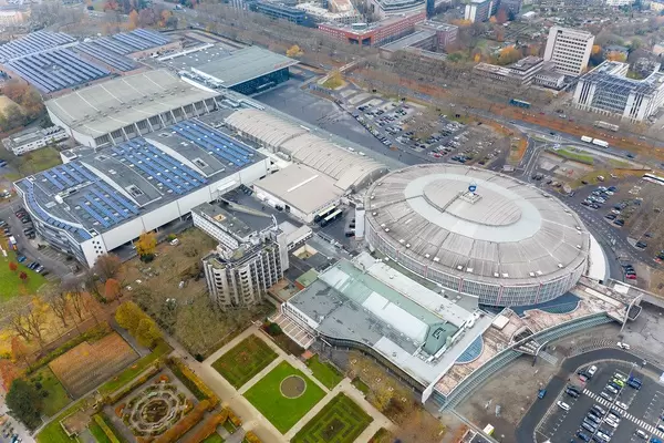 Aerial view of circular building and event venue Westfalenhalle in Dortmund, Germany