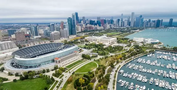 Aerial view of Fiel Museum and skyscraper at the coast of Chicago