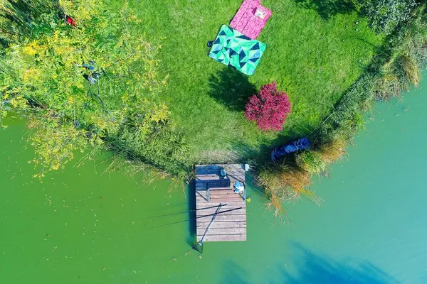 Aerial view of fishing tools on wooden pontoon