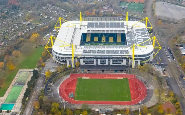 Aerial view of German BVB Stadium Signal Iduna Park and outdoor sports field in Dortmund