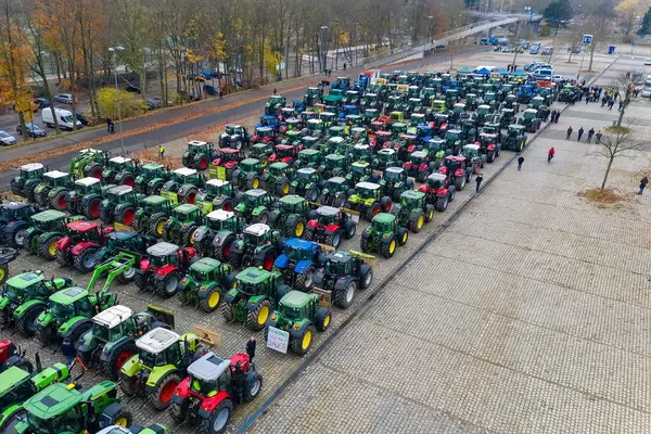 Aerial view of German farmers tractor convoy protesting new agricultural policy