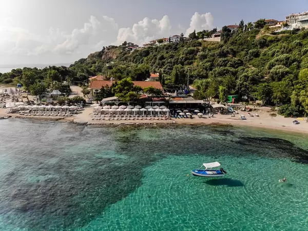 Aerial view of green ocean at vacation region on Afitos, Chalkidiki in Greece