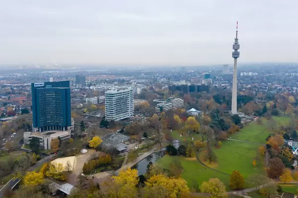 Aerial view of high television tower Florian-Turm with viewing platform in the Westfalenpark in Dortmund, Germany