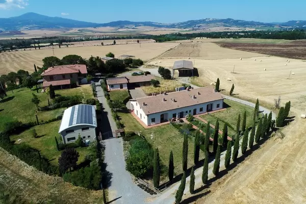 Aerial view of houses in Pienza, Val d'Orcia, Italy