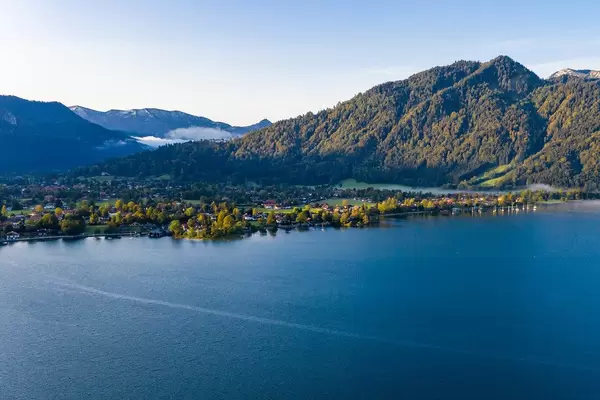 Aerial view of Lake Tegernsee with mountains in the background in Bavaria, Germany