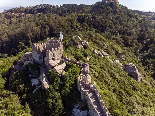 Aerial view of medieval tower of Castelo Dos Mouros with vegetation