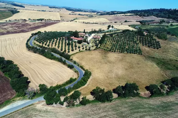 Aerial view of Pienza fields, Tuscany, Italy