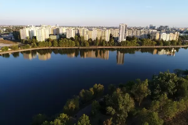 Aerial view of Plumbuita lake and residential area in Bucharest, Romania