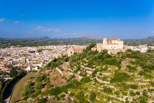 Aerial view of Puig de Sant Salvador, Artà, Mallorca. The fortress and sanctuary of Sant Salvador