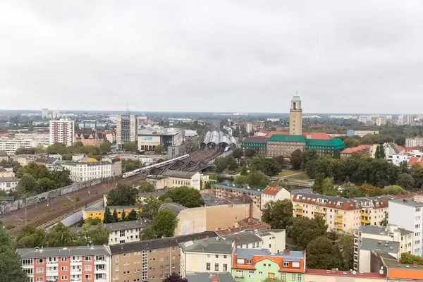 Aerial view of S-Train station, railway and health department Spandau in Berlin
