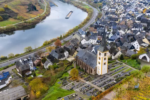 Aerial View of Saint Lawrence Church and Residential Buildings with River Moselle in Municipality Bremm in Rhineland-Palatinate, Germany