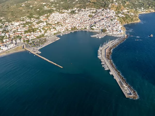 Aerial view of Skopelos harbour in Skopelos town in the north of the Greek island