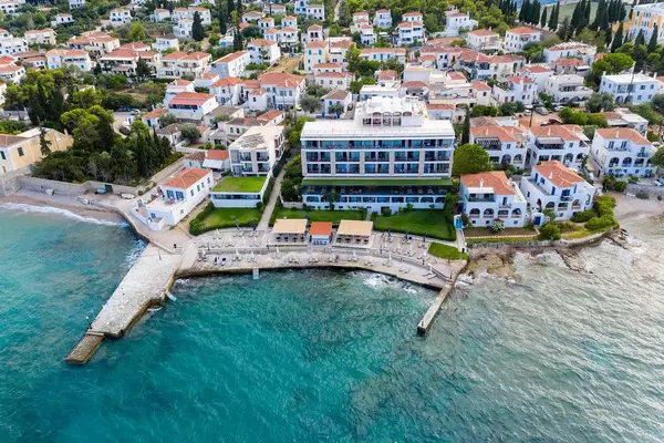 Aerial view of Spetses Hotel  with private Beach area on a greek island, at the Argolic Gulf