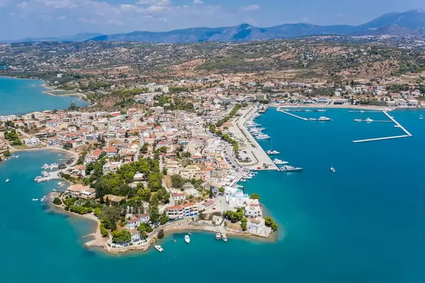 Aerial view of the greek holiday resort Porto Heli in Ermionida, Argolis, on the Peloponnese in the Argolic Gulf