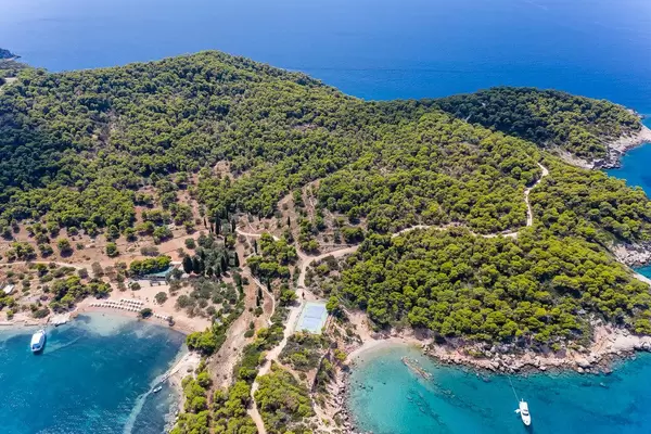Aerial view of the green Island Spetses with its pine forest in the blue Argolic Gulf