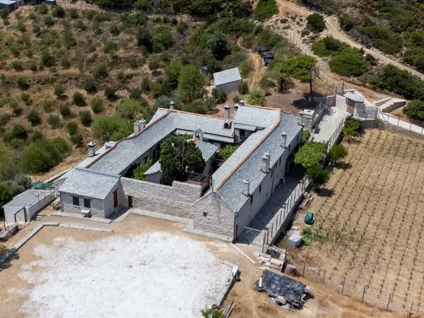 Aerial view of the Holy Monastery of the Nativity of the Virgin Mary (Genesiou tis Theotokou) on Kyra Panagia