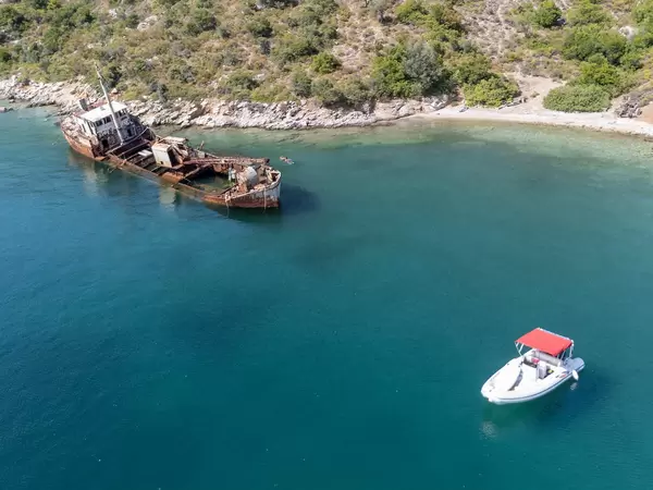 Aerial view of the Peristera shipwreck, diving excursion destination in the National Marine Park of Alonissos