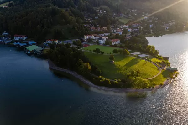 Aerial view of the town of Leeberg in the Bavarian Alps in autumn