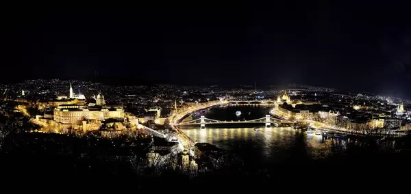 Aerial view over Buda Castle and Danube river