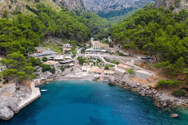 Aerial view: the remote village of Sa Calobra in the mountainous Serra de Tramuntana region of Mallorca