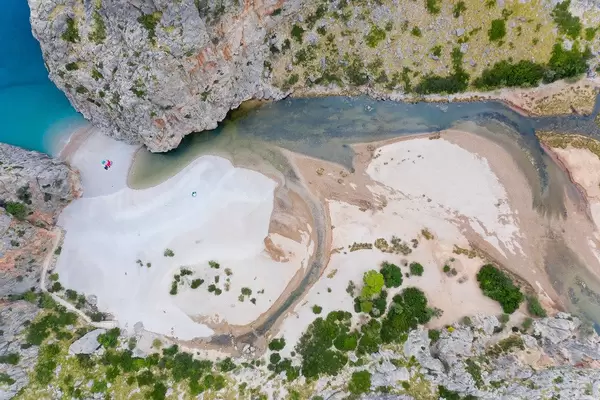 Aerial view: the Torrent de Pareis in the Serra de Tramuntana. Unique landscape on Mallorca