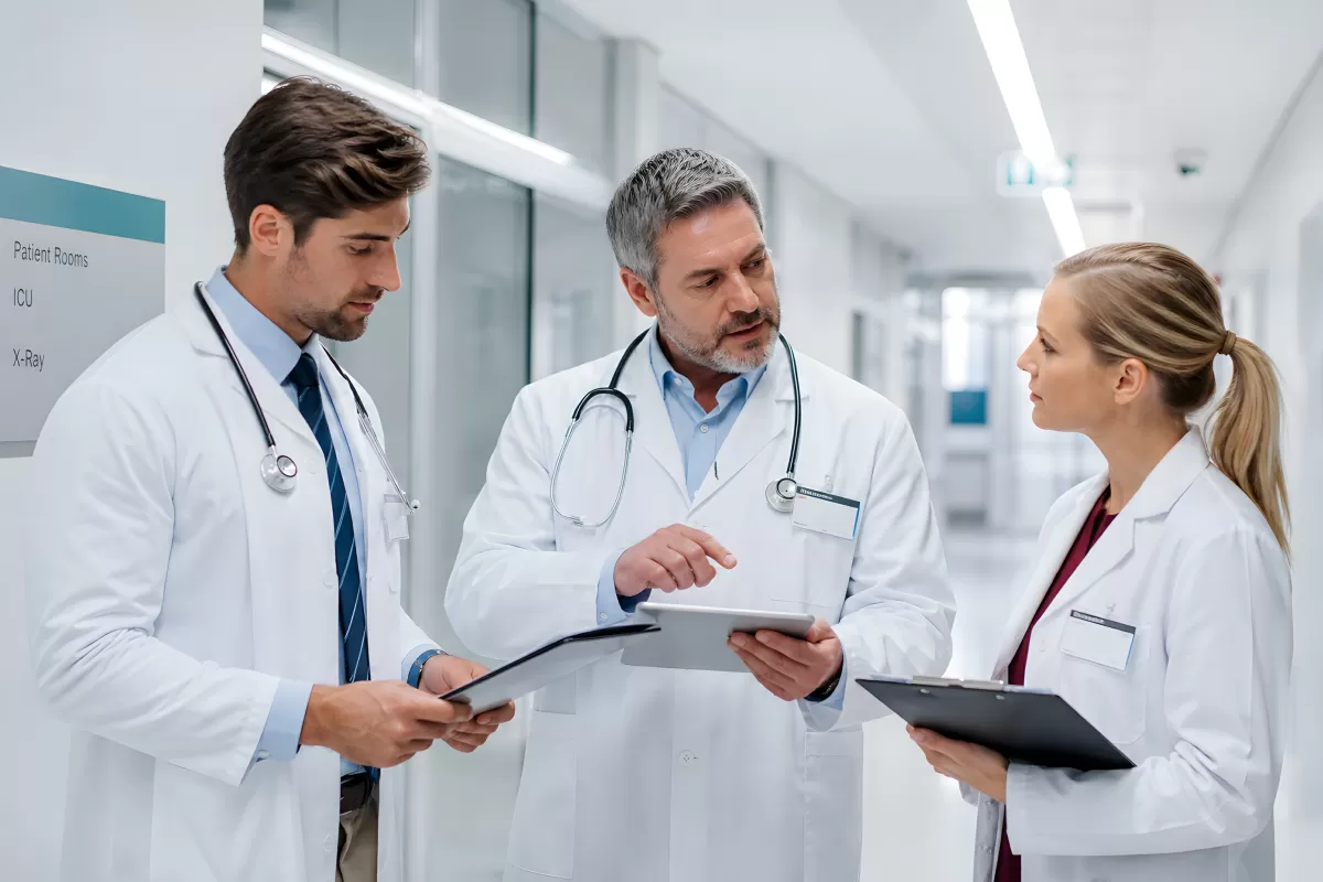 Ärzteteam bespricht Patientenakte im Krankenhausflur