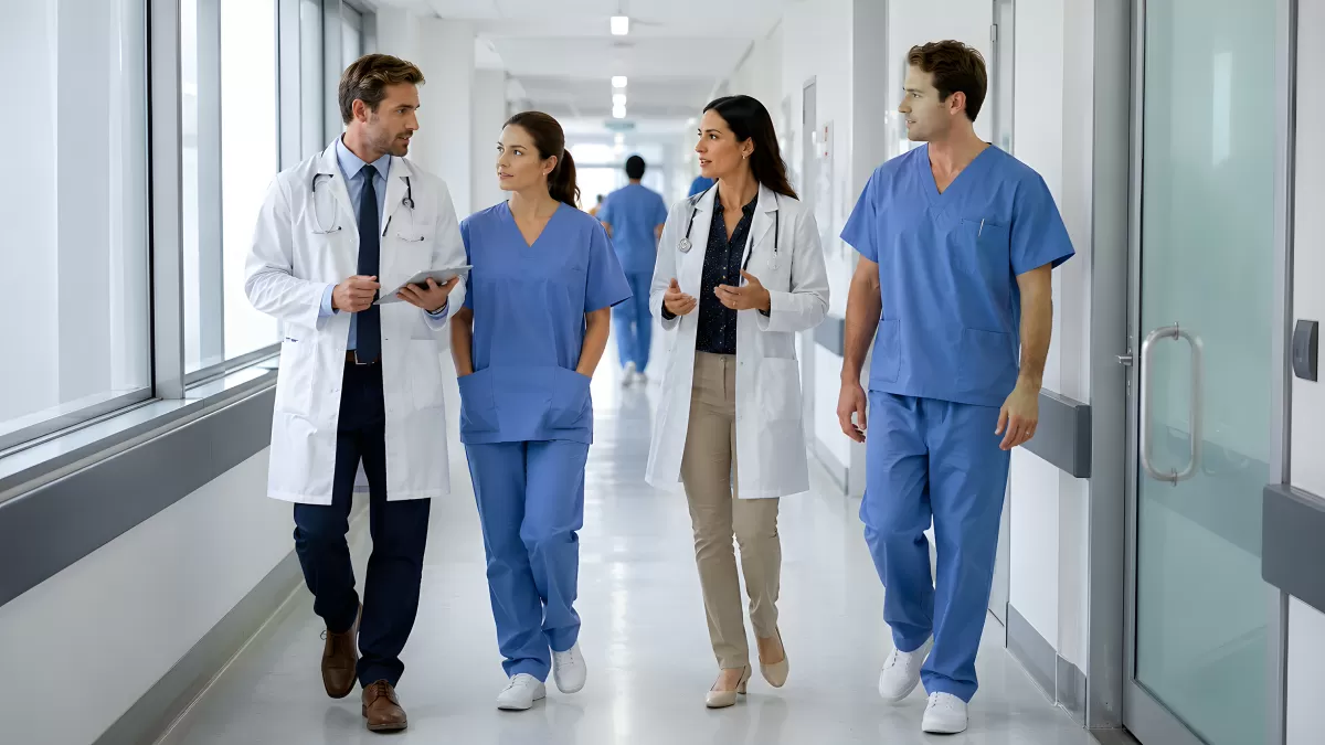 Ärzteteam im Gespräch auf einem Krankenhausflur