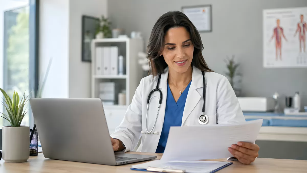 Ärztin am Schreibtisch mit Laptop und Patientenakte
