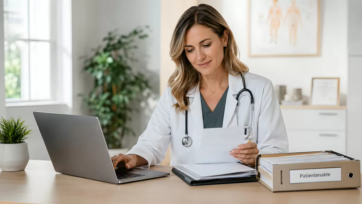 Ärztin am Schreibtisch mit Patientenakte und Laptop