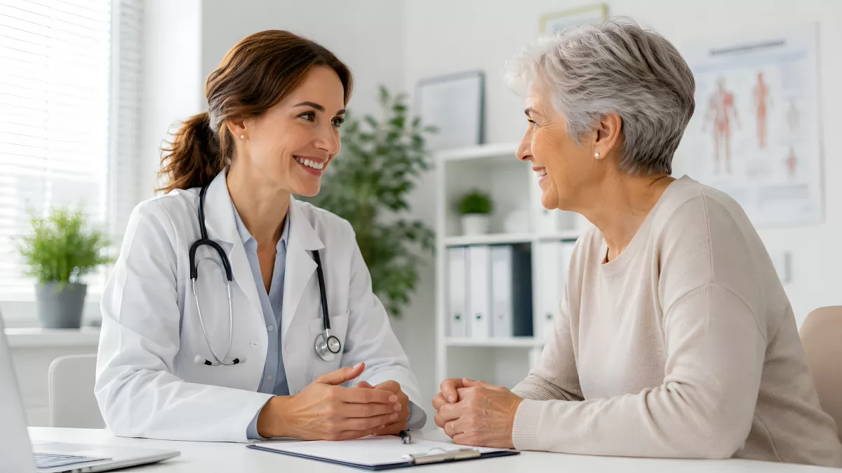 Ärztin berät ältere Patientin in der Praxis