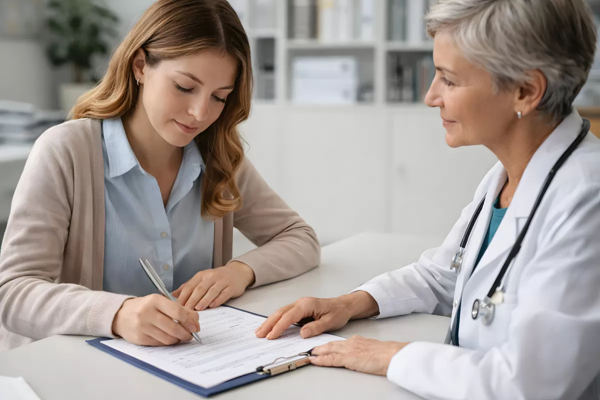 Ärztin berät junge Patientin beim Ausfüllen von Formularen