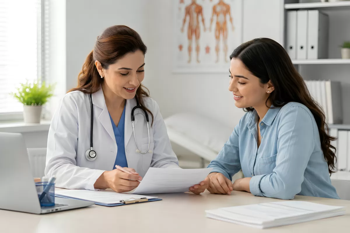 Ärztin bespricht Befund mit Patientin in Praxis