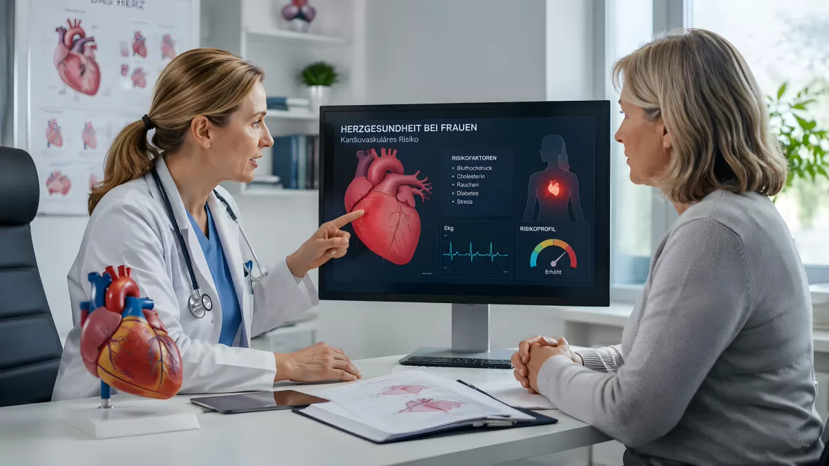 Ärztin erklärt Herzgesundheit bei Frauen am Monitor