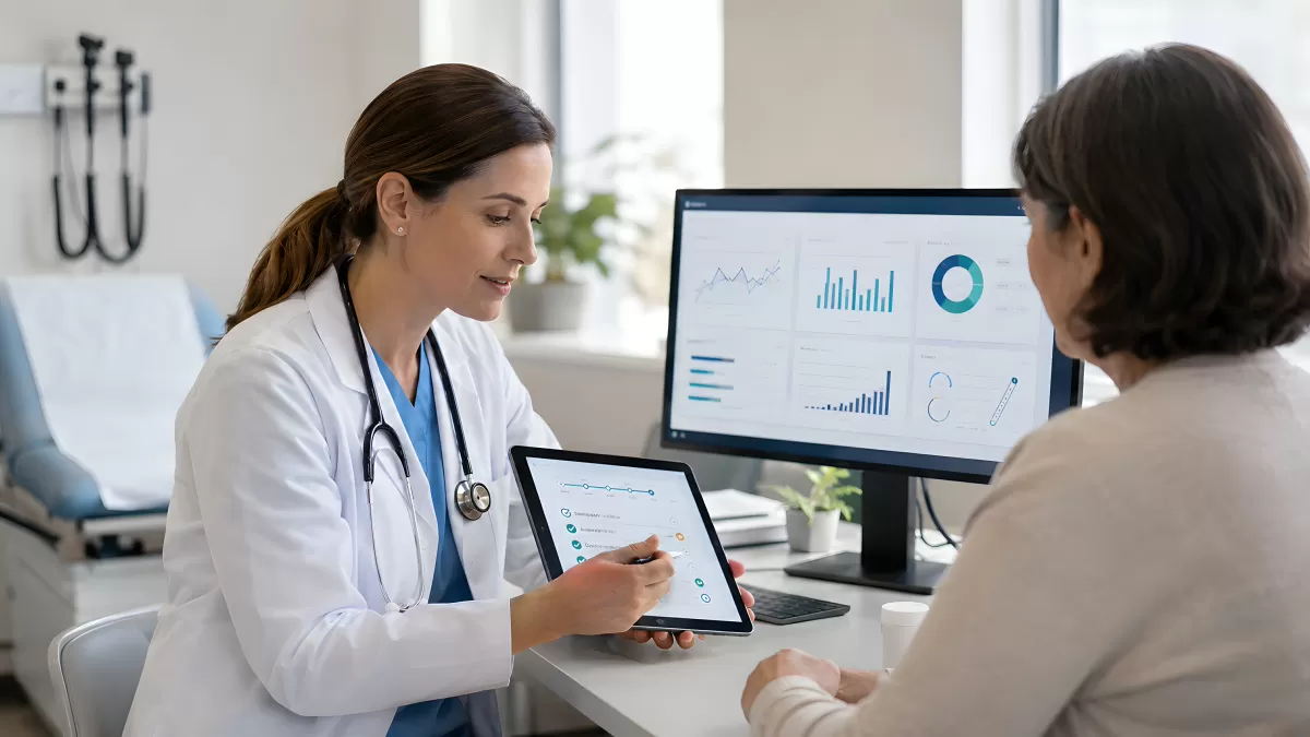 Ärztin erklärt Patientin Befunde auf Tablet und Monitor