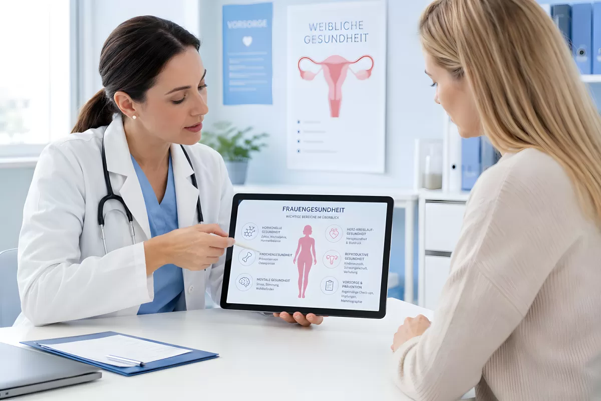 Ärztin erklärt Patientin Frauengesundheit am Tablet