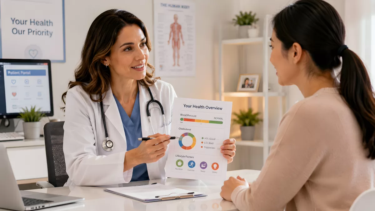 Ärztin erklärt Patientin ihre Gesundheitswerte im Gespräch