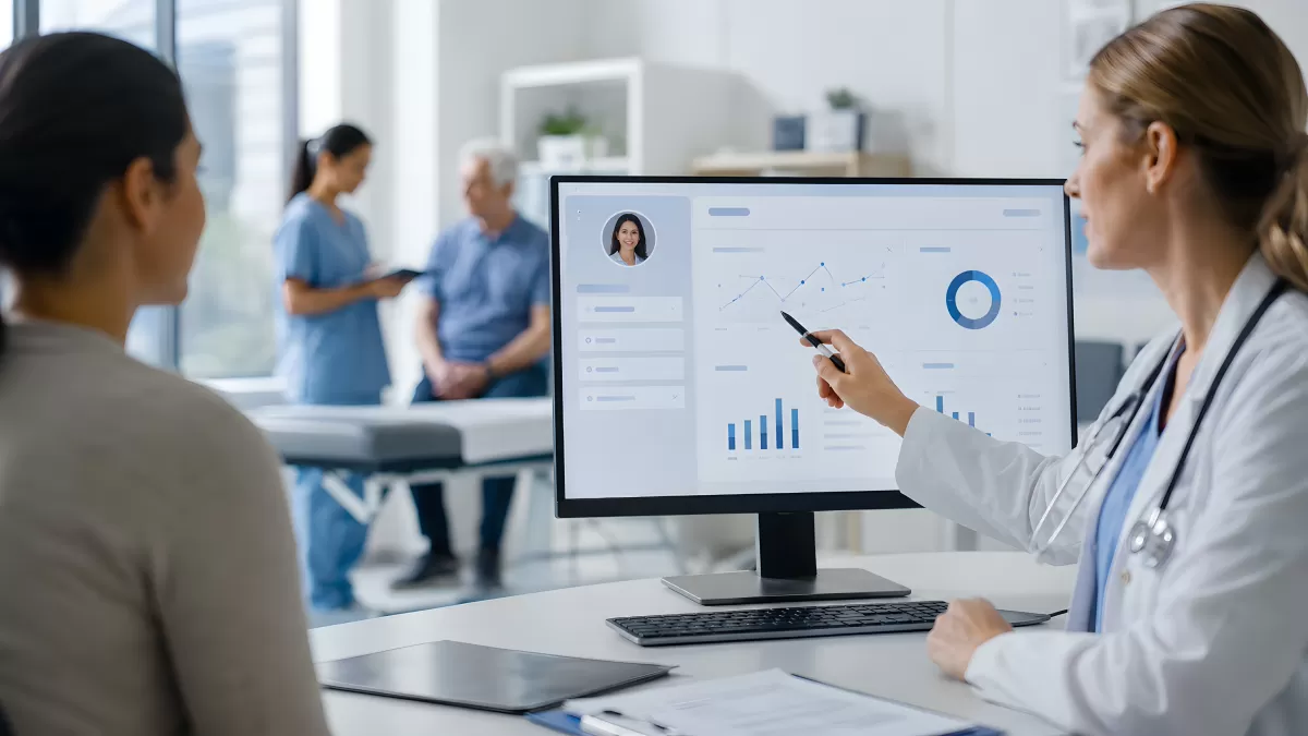 Ärztin erklärt Patientin medizinische Daten am Monitor