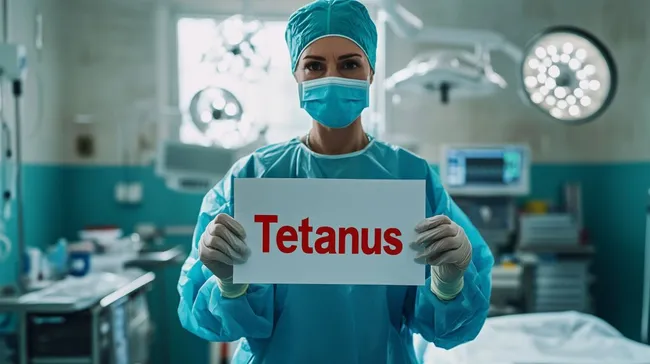 Ärztin hält Warnschild mit 'Tetanus' im Operationssaal