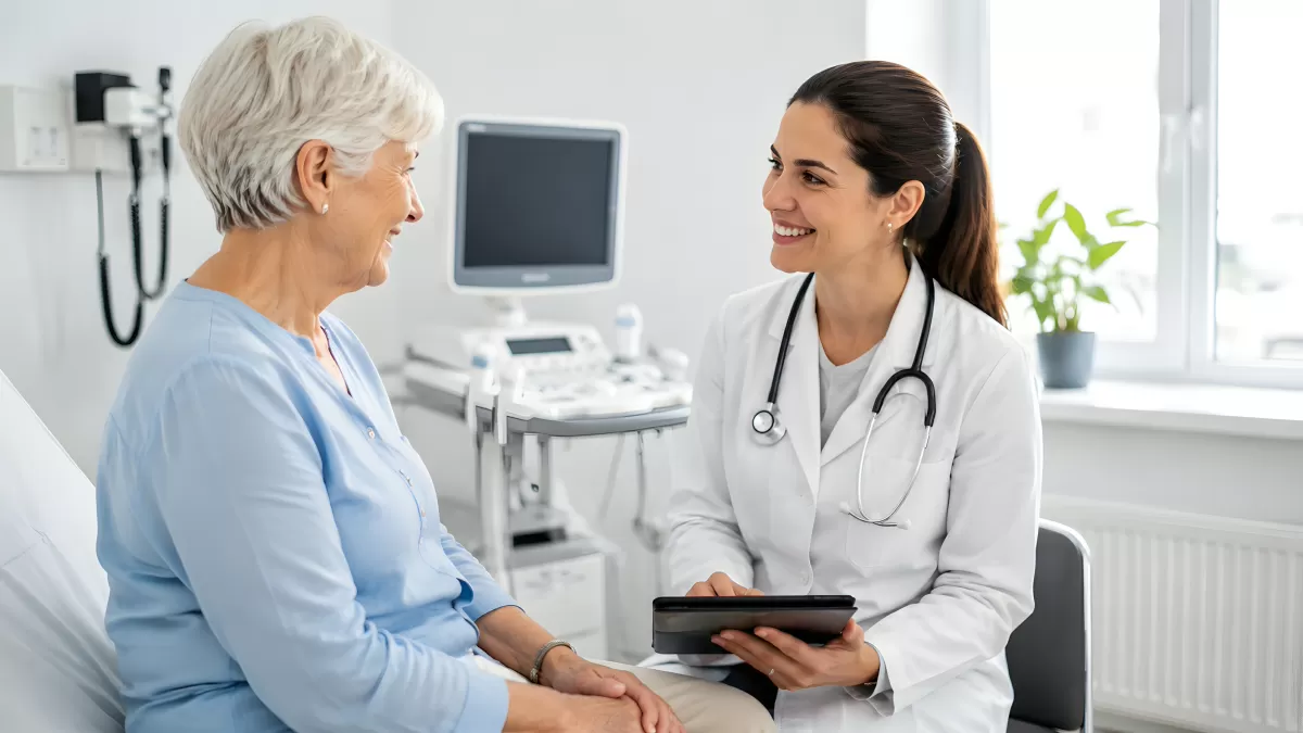 Ärztin im Gespräch mit älterer Patientin in Praxis