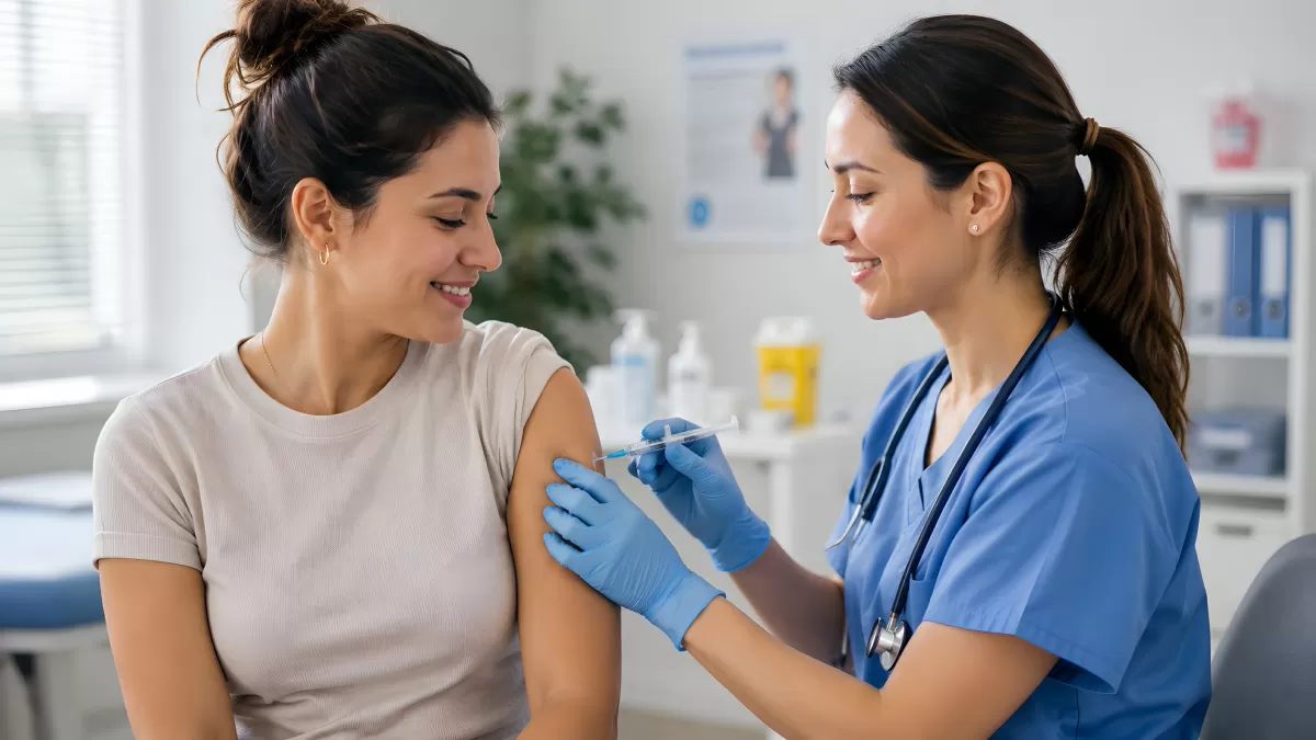 Ärztin impft lächelnde Patientin in der Arztpraxis