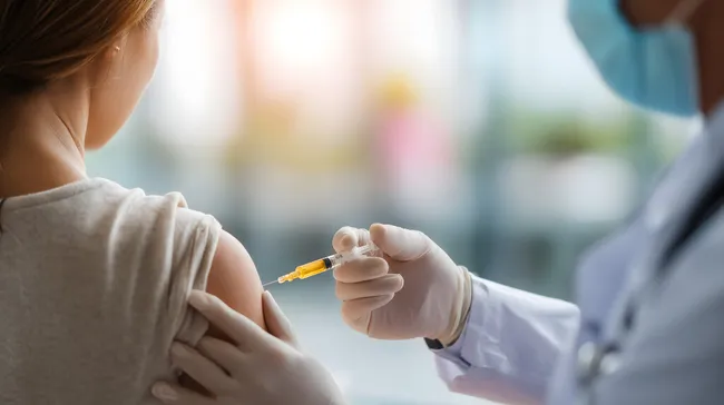 Ärztin impft Patientin im Behandlungsraum