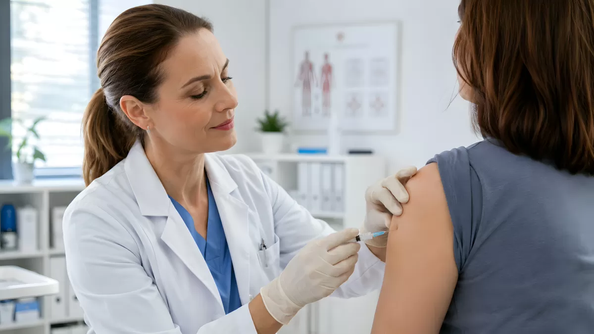 Ärztin impft Patientin in der Arztpraxis am Arm