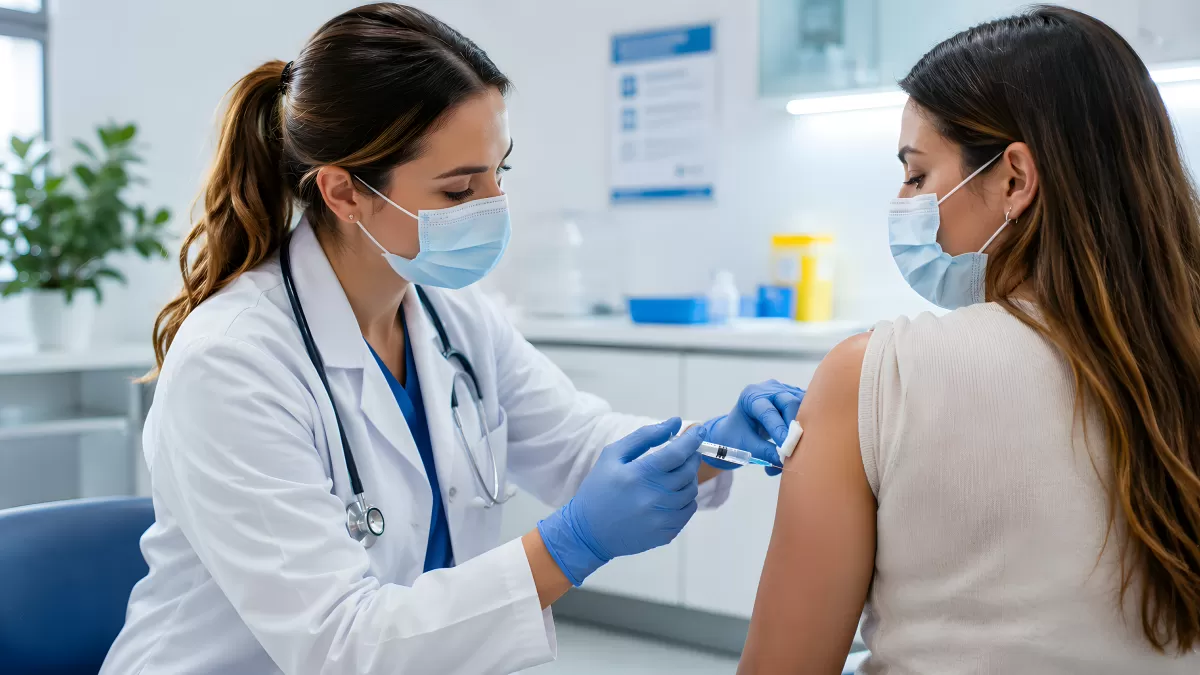Ärztin impft Patientin in der Arztpraxis