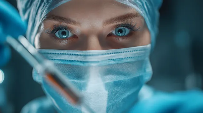 Ärztin in Schutzausrüstung hält medizinisches Röhrchen