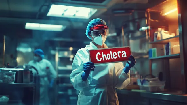 Ärztin in Schutzkleidung hält Cholera-Schild