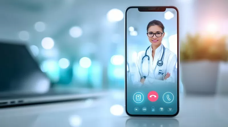Ärztin in Videotelefonie auf Smartphone mit Stethoskop