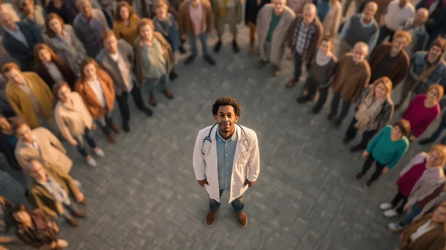 Ärztin inmitten einer vielfältigen Menschenmenge