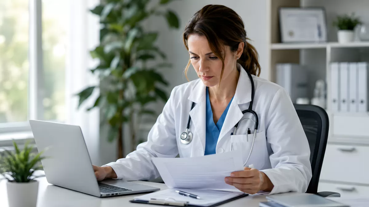 Ärztin liest Patientenakte am Schreibtisch im Büro